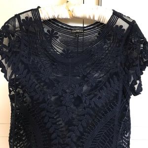 Express size S blue embroidery see through top.